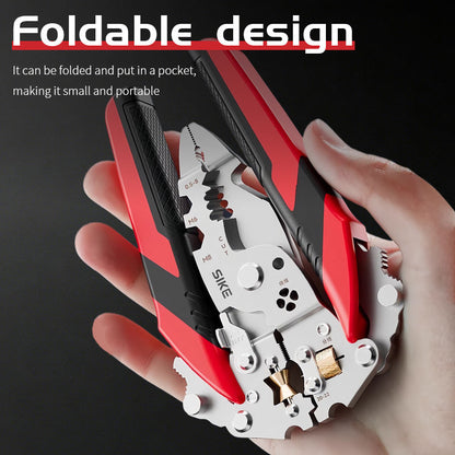 16-in-1 multi-functional folding wire stripper with screw tightening, wire splitting, and winding pulley design.
