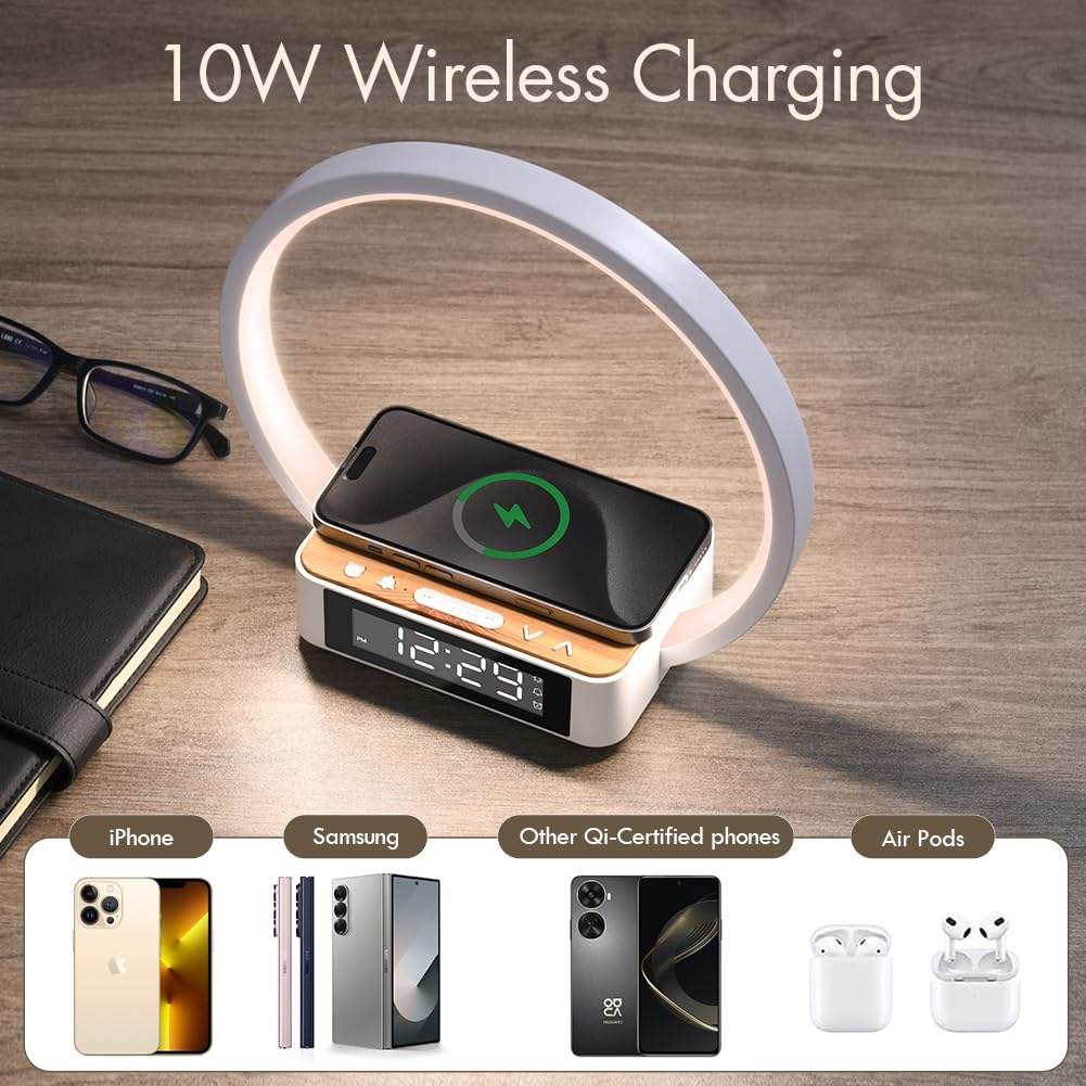 Bedside Wireless Charging Night Light Integrated Smart Clock Desk Lamp with Wireless Phone Charger - Universal Multifunctional
