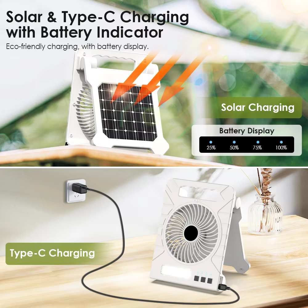 Outdoor Camping LED Light — 4000mAh Portable Mini Solar-Charging Fan with Mobile Phone Charging Capability