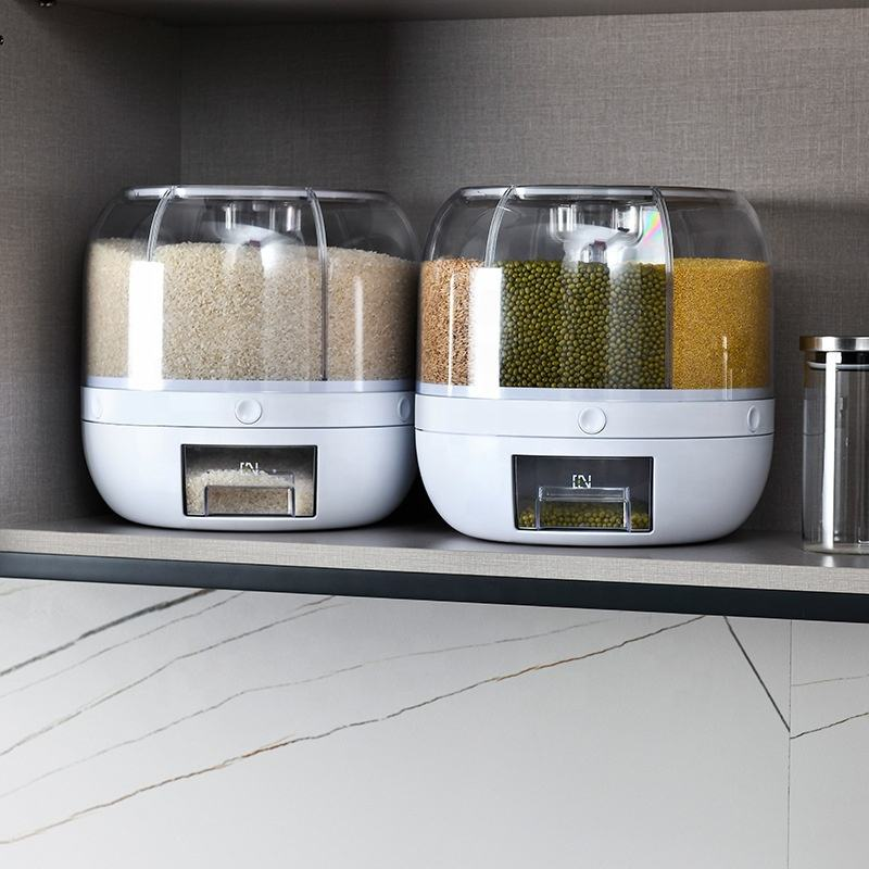 Rotating Grain Bucket Rice Dispenser 6-Grid Kitchen Rotating Dry Grain Food Storage Container