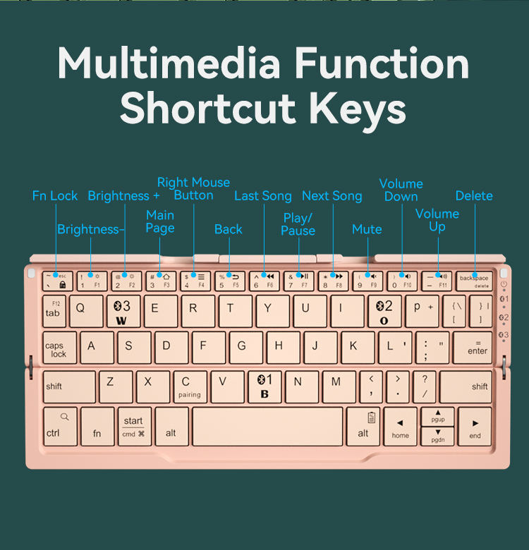 Bow-shaped mini foldable Bluetooth keyboard with wireless charging and a 100-day standby time; suitable for mobile phones and laptops.