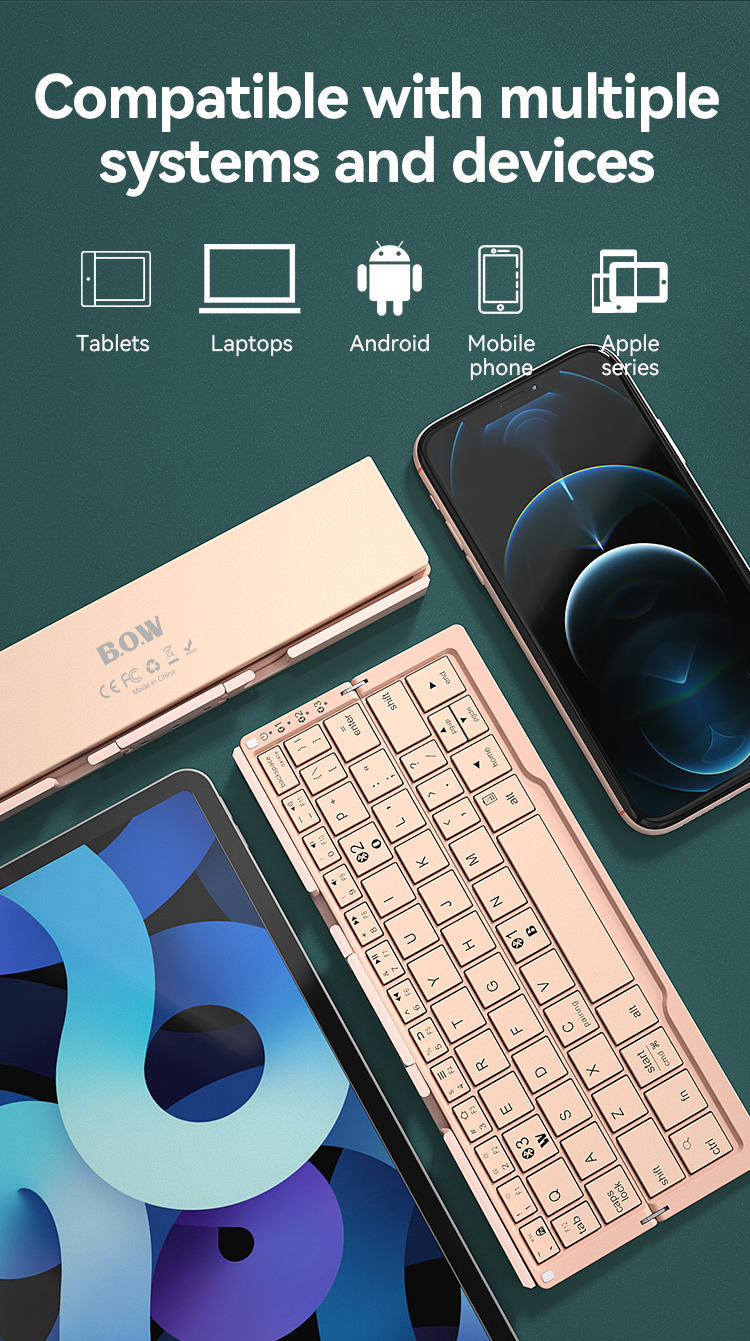 Bow-shaped mini foldable Bluetooth keyboard with wireless charging and a 100-day standby time; suitable for mobile phones and laptops.