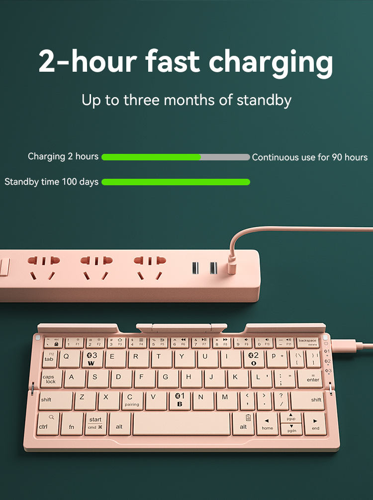 Bow-shaped mini foldable Bluetooth keyboard with wireless charging and a 100-day standby time; suitable for mobile phones and laptops.