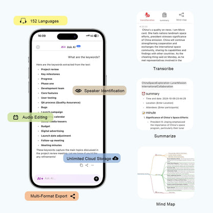AI Voice Recorder w/Case, AI Note Taker & App Control, AI Transcription and Summary, Noise Cancellation, 152 Languages, 64GB Digital Audio Recorder for Meetings, Lectures & Calls