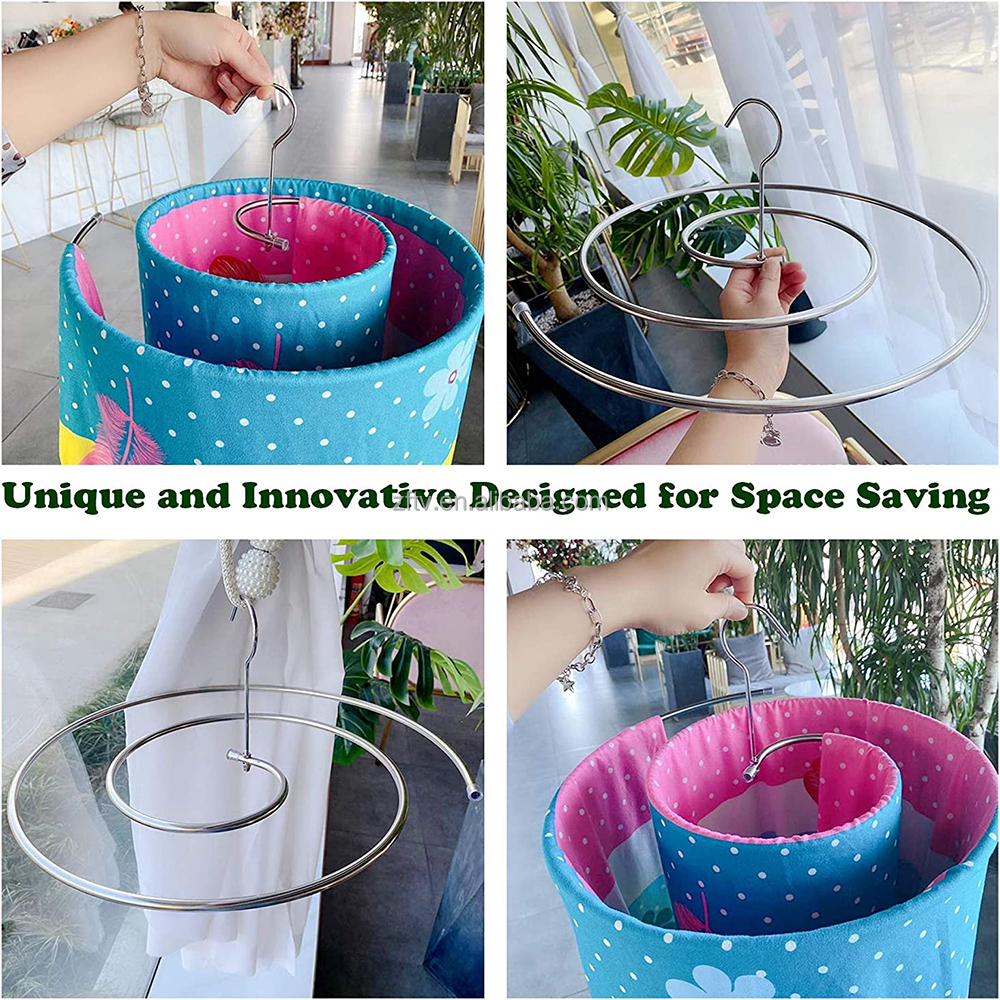 Stainless steel spiral clothes drying rack, large round rotating for home use, for drying quilts, sheets, and duvet covers.